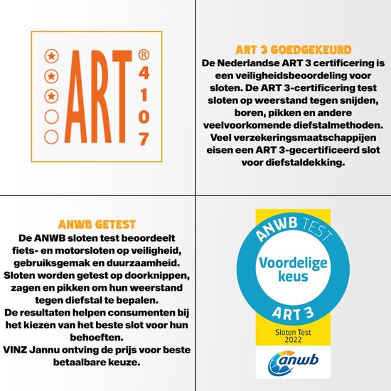 Certificeringen ART 3 en ANWB Goedgekeurd voor het kettingslot van Vinz Locks.