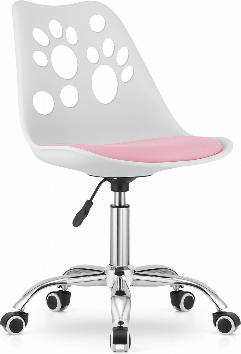 PRINT Bureaustoel Wit-Roze, Modern Ergonomisch Design, Verstelbare Zithoogte, Chromen Basis, Geschikt voor Kinderkamer, Thuiswerkplek of Kantoor, Max. 110 kg