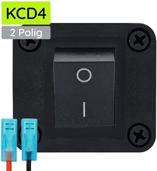 Zwarte KCD4 2-polige tuimelschakelaar met omlijsting en blauwe kabelschoenen.