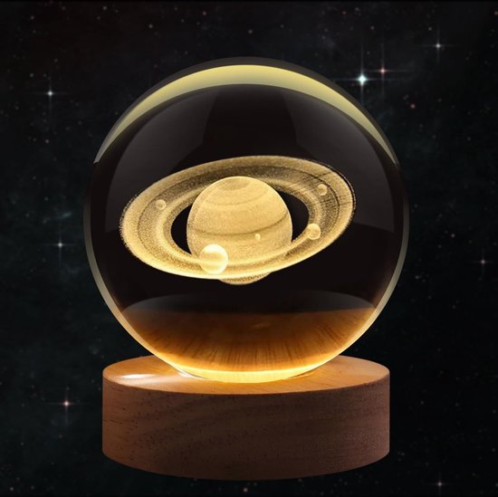 3D Kristallen Bal Nachtlampje - Saturnus - LED Glas Licht Hologram Lamp met Massief Houten Basis - Nachtlamp - Cadeau idee - Verlichting - USB aansluiting