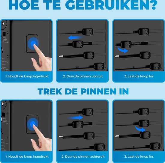 Illustratie van hoe de pinnen van de wereldstekker uitgeschoven en ingeschoven worden met knoppen.