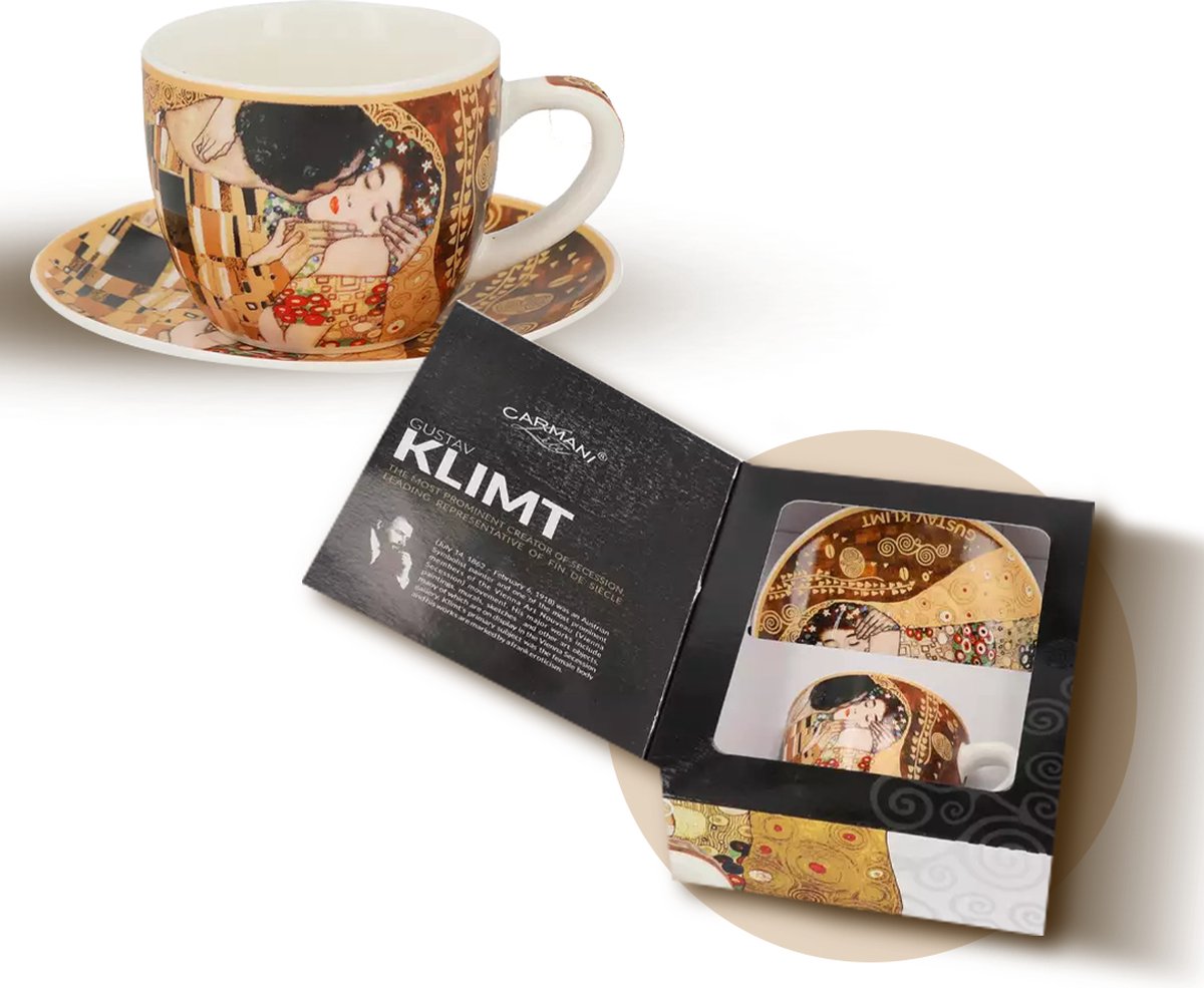 Carmani - The Kiss Kop en Schotel - Koffiekopjes met Schoteltje - Koffiekopjes met Oor - Kopjes Set - Porselein - Cadeau Idee - 240ml