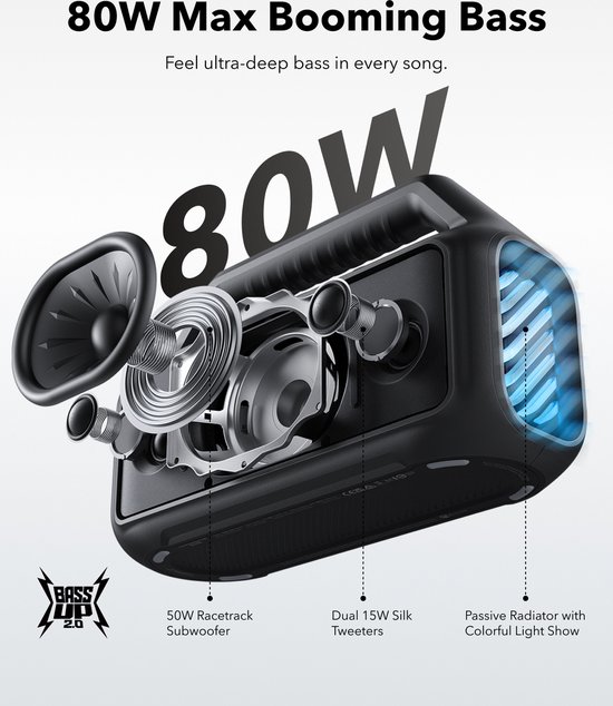 soundcore Boom 2 Outdoor Speaker by Anker - 80W - Subwoofer - BassUp 2.0 - 24H Playtime - IPX7 Waterproof - Floatable - RGB Lights - USB-C - Custom EQ - Bluetooth 5.3 - Geschikt voor buitengebruik: Camping, Strand en Achtertuin - Zwart — afbeelding 5