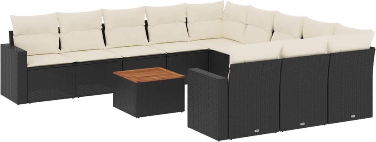 Zwarte poly rattan loungeset met kussens voor tuin en terras.