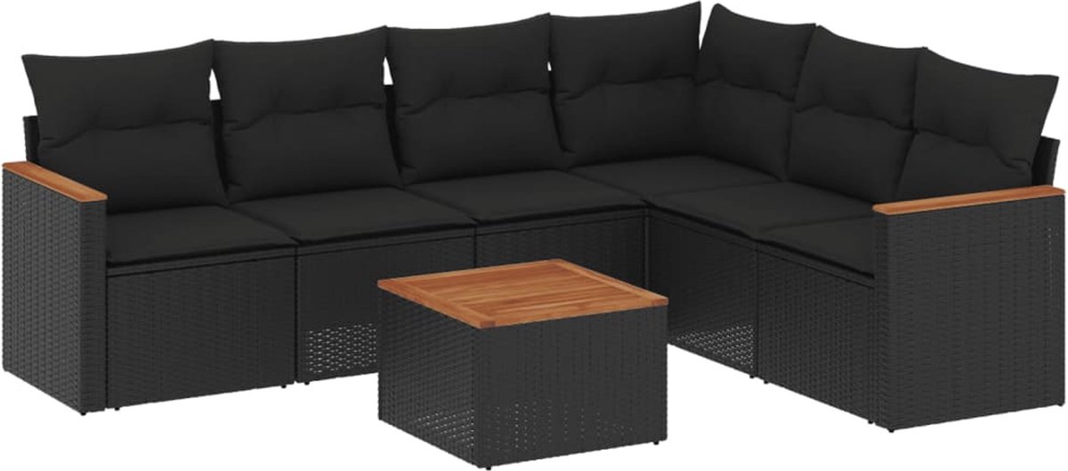 The Living Store 7-delige Loungeset met kussens poly rattan zwart - Loungeset - Loungemeubels - Buitendecoratie - Tuinmeubelen - Zwarte Loungebank