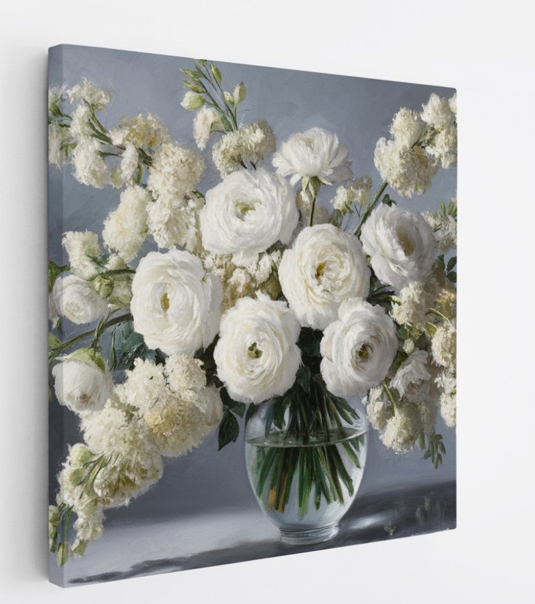 Saammp Canvas Schilderij - Abstracte Witte Bloemen in vaas - Natuur - 20x20 - Foto op canvas - Wanddecoratie - Muurdecoratie Woonkamer - Kantoor Decoratie Multicolor