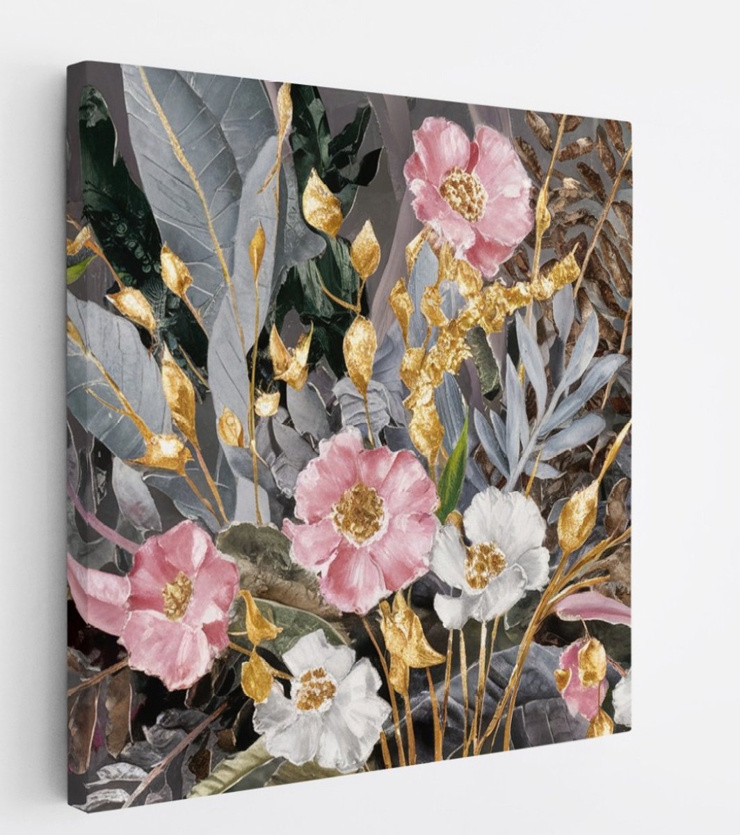 Saammp Canvas Schilderij - Abstracte bloemen met goud en roze - 100x100 - Foto op canvas - Wanddecoratie - Muurdecoratie Woonkamer - Kantoor Decoratie Multicolor