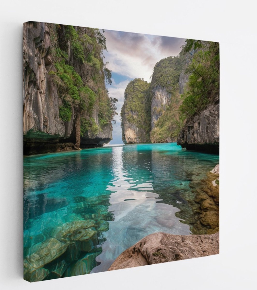 Saammp Canvas Schilderij - Blauw water tussen de rotsen - Landschap - Natuur - 20x20 - Foto op canvas - Wanddecoratie - Muurdecoratie Woonkamer - Slaapkamer decoratie - Canvas Print Multicolor
