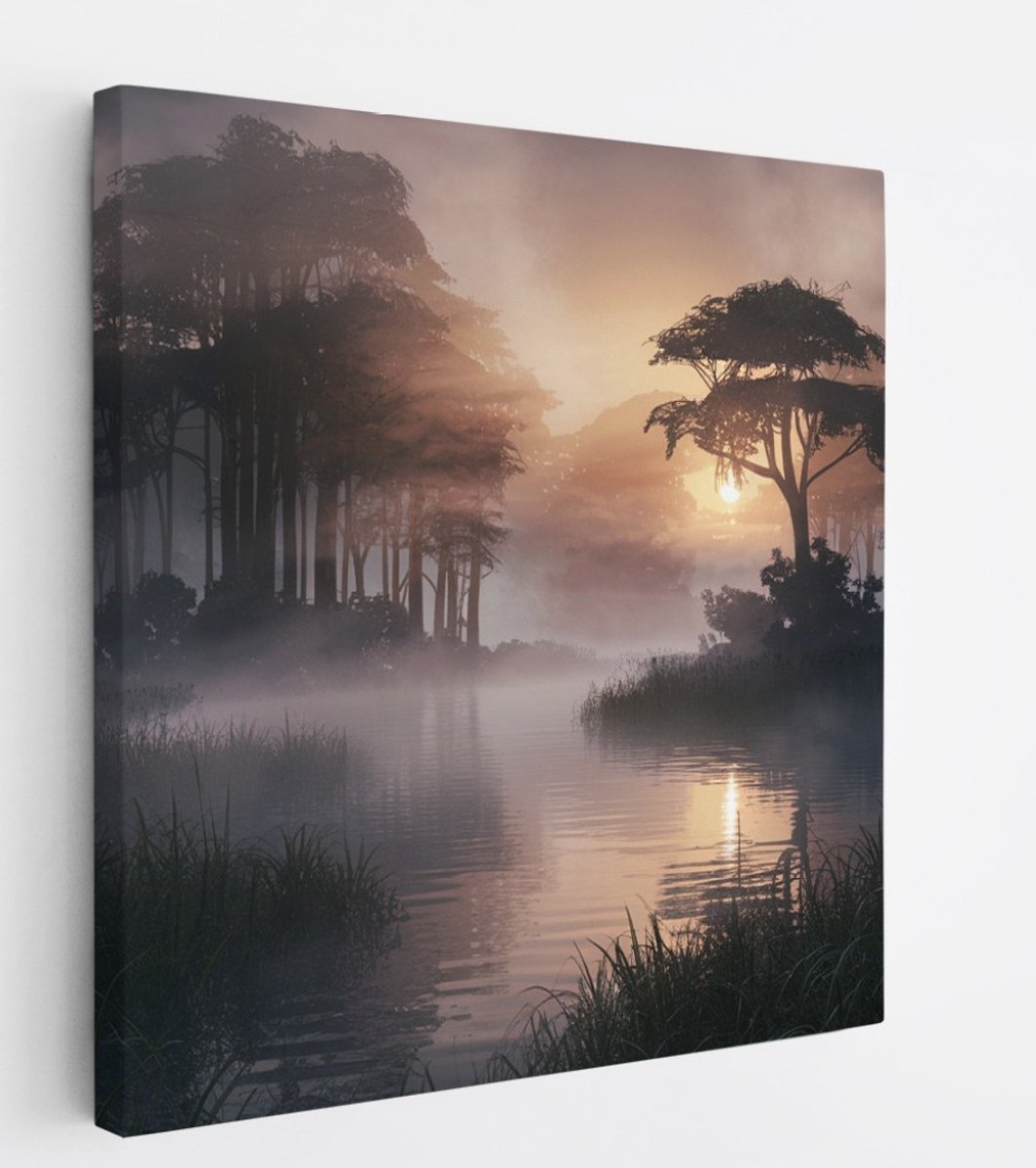 Saammp Canvas Schilderij - Water - mistig Landschap - Natuur - 100x100 - Foto op canvas - Wanddecoratie - Muurdecoratie Woonkamer - Slaapkamer decoratie - Canvas Print Multicolor