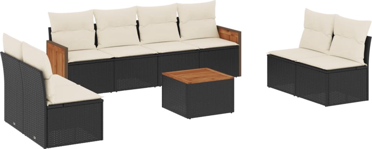 Zwarte poly rattan loungeset met kussens voor buiten - The Living Store.