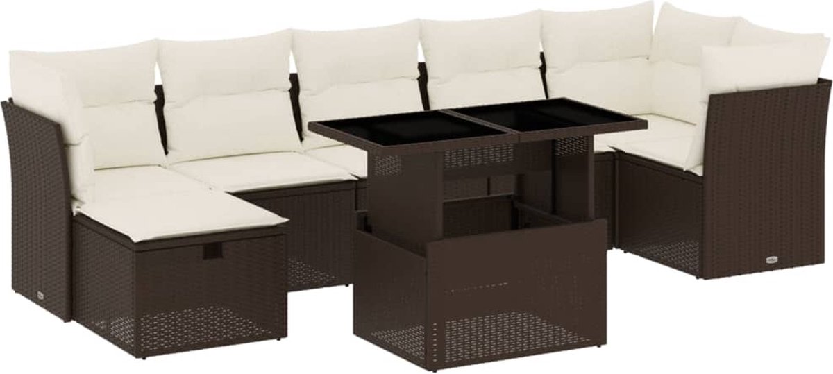 Bruine poly rattan loungeset met kussens voor tuinmeubelen.