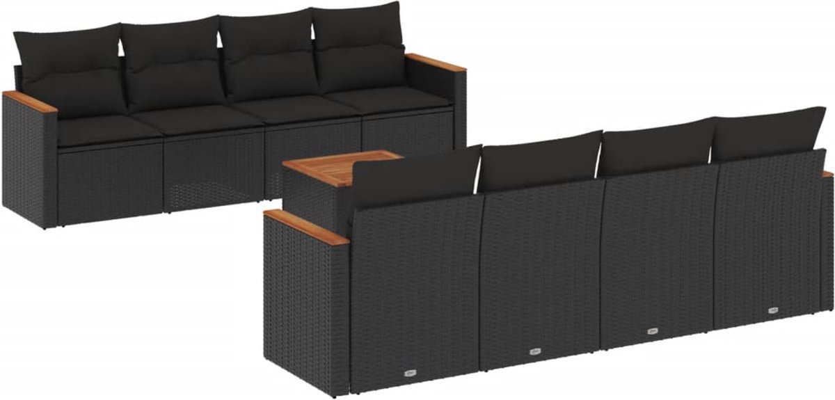 The Living Store 9-delige Loungeset met kussens poly rattan zwart - Loungebank - Lounge Set - Outdoor Furniture - Tuinbank - Buitendecoratie