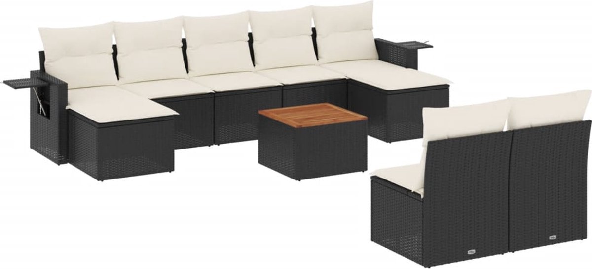 The Living Store 10-delige Loungeset met kussens poly rattan zwart - Loungeset - Tuinlounge - Lounge Set - Buitendining - Tuinmeubelen