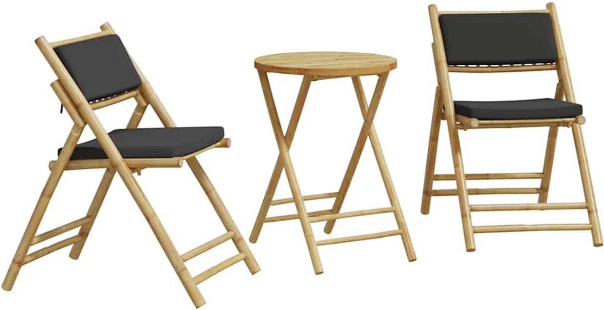 The Living Store 3-delige Bistroset inklapbaar met kussens bamboe donkergrijs - Bistro Set - Bamboemeubel - Buitenshuis Dineren - Terrasstoel - Lounge Set