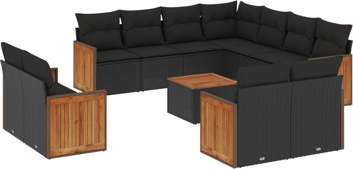 The Living Store 12-delige Loungeset met kussens poly rattan zwart - Loungeset - Lounge Set - Buitendecoratie - Tuinmeubels - Tuinlounge
