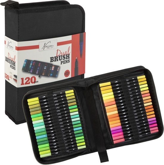 Stiften voor Volwassenen en Kinderen 120pcs - Dual Brushpennen & Fineliners - Bulletjournal producten - Markeerstiften - Kleurstiften - Dualmarkers - Luxe Opbergetui - Nassau Fine Art