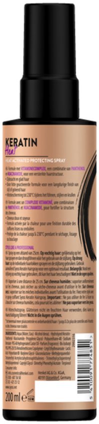 Achterkant van Syoss Keratin Heat-Activated Protecting Spray fles, met ingrediënten en gebruiksaanwijzing.