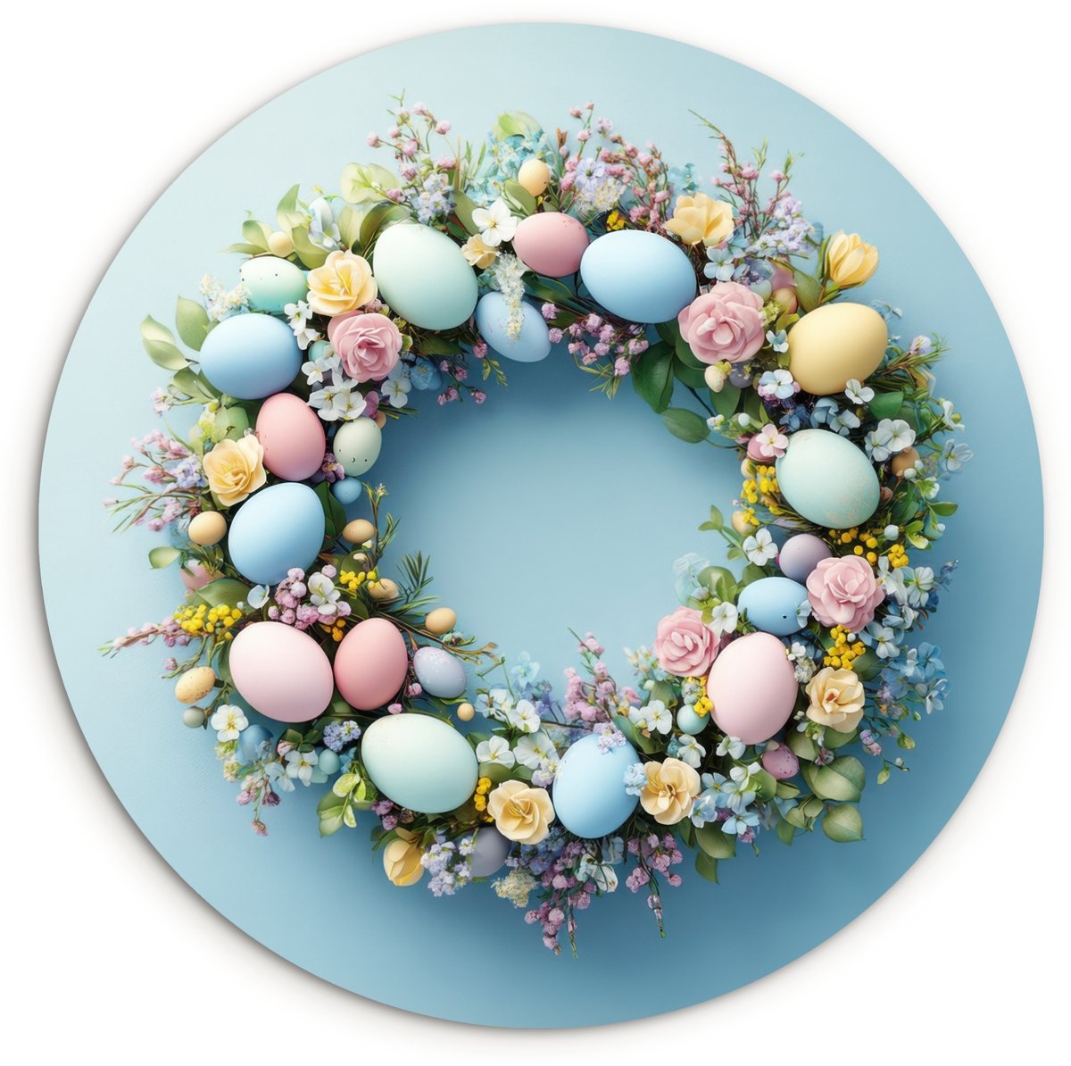 WallCircle Wandcirkel 30x30 cm - Muurcirkel Krans - Eieren - Bloemen - Muurdecoratie woonkamer - Wanddecoratie slaapkamer - Kamer decoratie accessoires - Ronde schilderijen Paaskrans