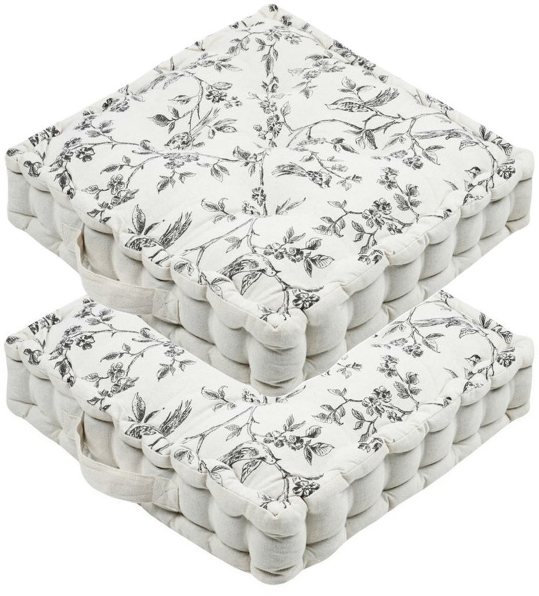 Stof Textile Vloerkussen Leaves - 2x - wit/grijs - katoen/polyester - 45 x 45 x 10 cm - vierkant - Extra dik - extra zitplaatsen Multi