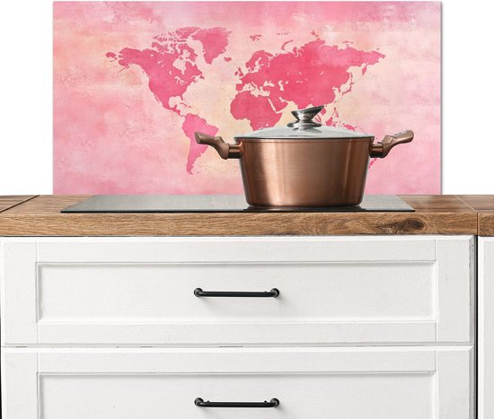 Crédence de Cuisinière en Aluminium 90x45 cm - Carte du monde - Rose - Flou - Écran Pare-éclaboussures pour Plaque de Cuisson - Protection Murale
