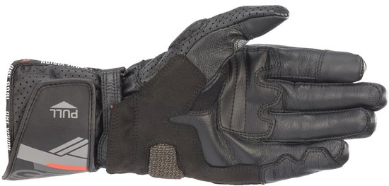 Onderkant van een zwarte Alpinestars motorhandschoen met rode strepen, "PULL" tekst en een mesh-inzetstuk.