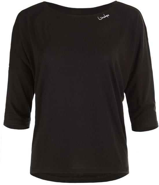 Zwart sportshirt met driekwartmouwen, ronde hals en geborduurd logo.