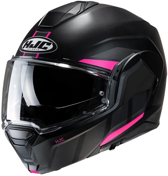 Casque intégral HJC noir avec accents roses et visière. Logo "HJC HELMETS" sur le côté.