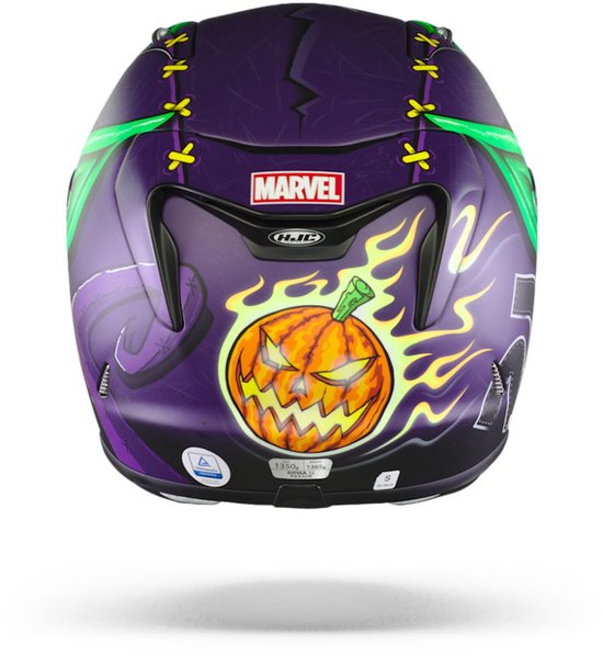 Achterkant van een paarse helm met een Green Goblin-print. Heeft een pompoen met vlammen en het Marvel-logo.
