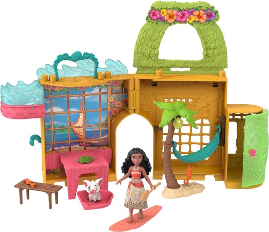 Vaiana speelset met pop, Pua, tafel, stoel, hangmat en surfplank.