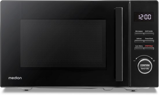 MEDION magnetron met grill (20 liter, 800 watt magnetron en 1000 watt grillvermogen, 9 automatische programma's, 5 vermogensstanden, timer voor 95 minuten, draaiplateau, ontdooifunctie, MD12021) zwart