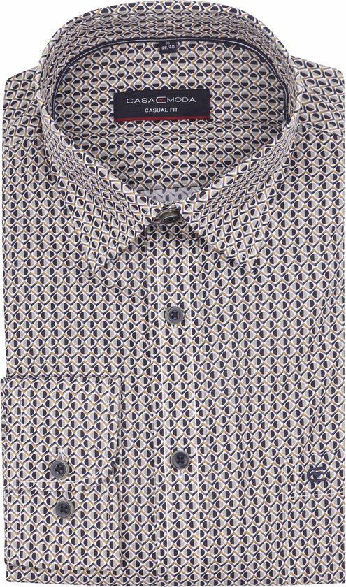 Gevouwen overhemd met een geometrisch patroon in blauw, wit en geel. Knoopsluiting en kraag zichtbaar.