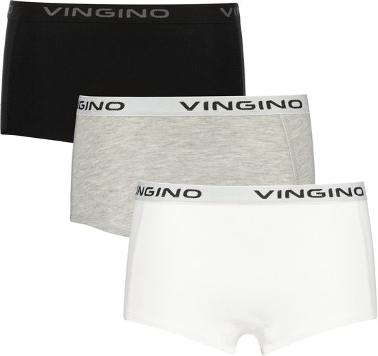 Drie Vingino hipsters: zwart, grijs gemêleerd en wit. Allen met een grijze tailleband met VINGINO-logo.