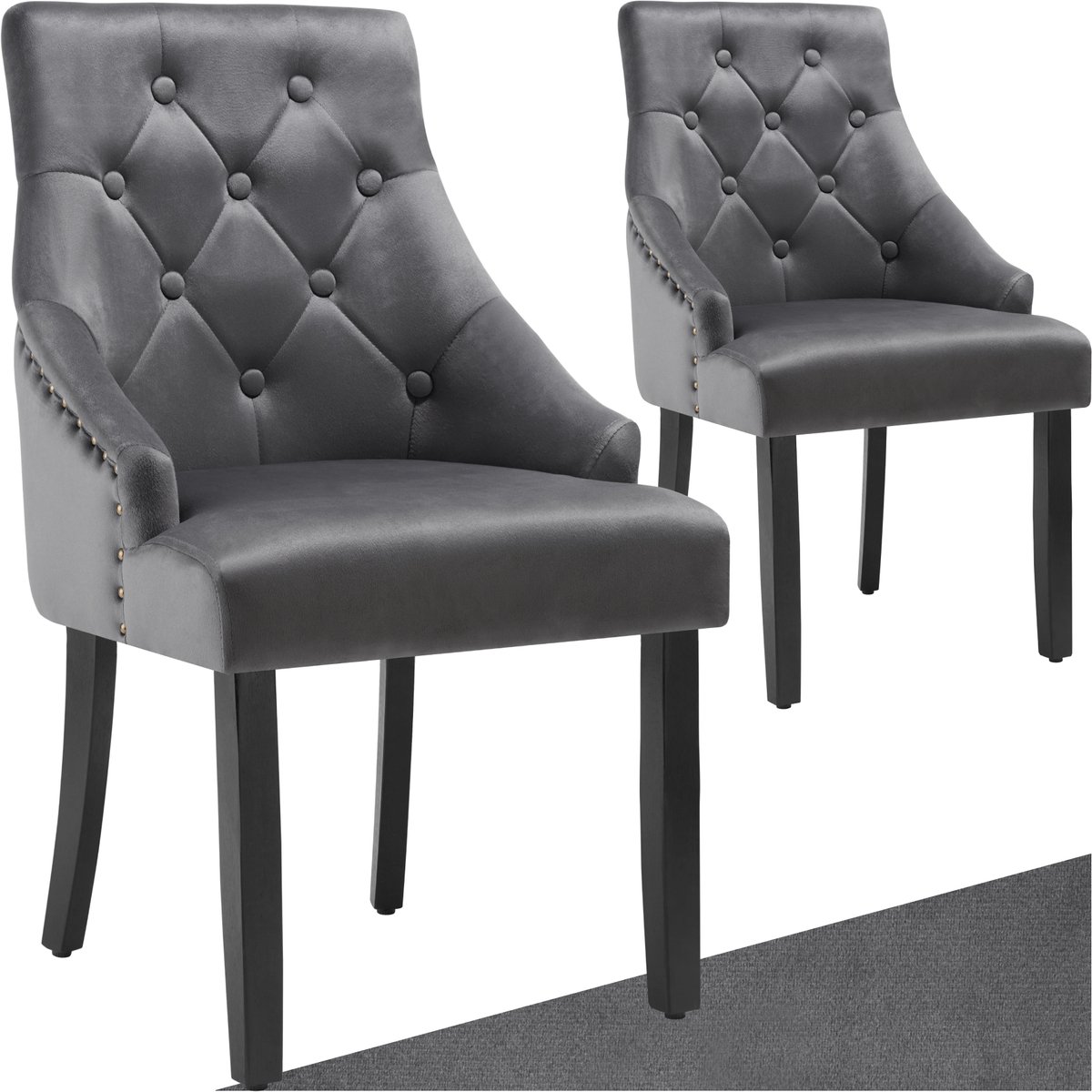 tectake® - Set van 2 eetkamerstoelen Everdeen - Fluweellook, gestikt - Met armleuningen - Massieve houten poten - Stoel voor de woonkamer, eetkamer, keuken - Grote rugleuning - Donkergrijs / zwart