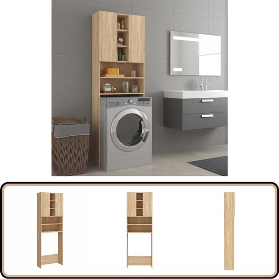 Mobile Per Lavatrice VidaXL Grigio Sonoma 64x25.5x190 Cm - Armadietto Bagno Con Ante E Scomparti Aperti