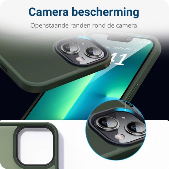Donkergroene telefoonhoes met verhoogde randen ter bescherming van de camera.