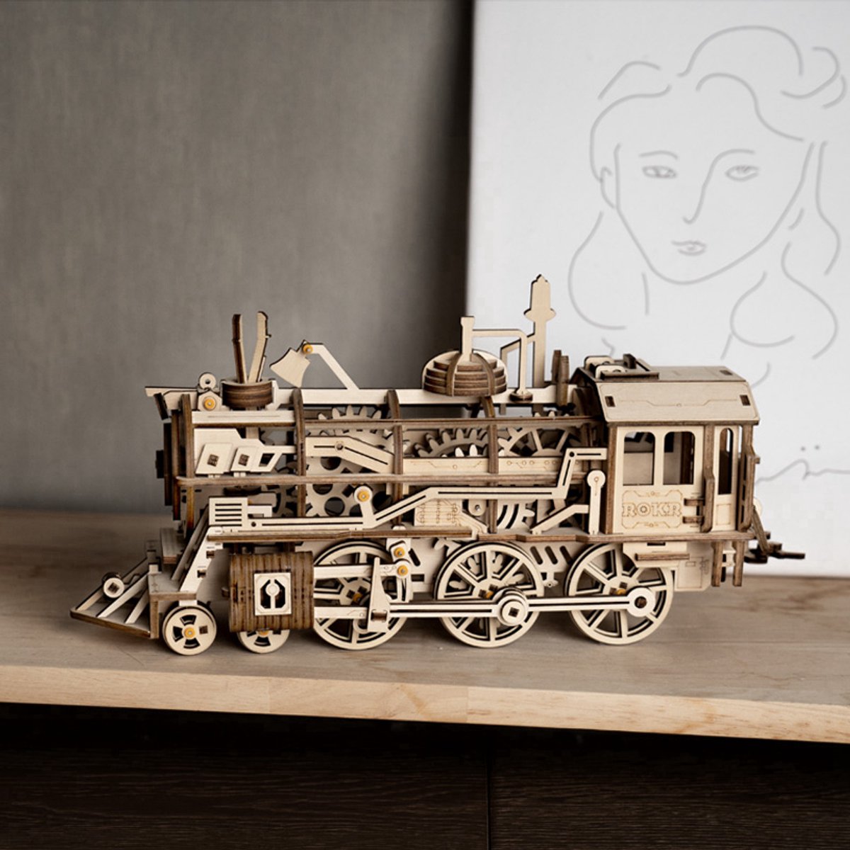 Robotime modelbouwpakket Locomotief hout 370mmx185mmx120mm - Naturel kleur — afbeelding 9