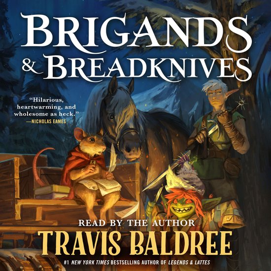 Boekcover 'Brigands & Breadknives' met elf, muis en goblin bij paard.