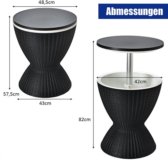 COSTWAY 3-in-1 Cool Bar, in hoogte verstelbare bijzettafel, 30 liter, outdoor bier- en wijnkoeler in rotanlook, drankkoeler met afvoergat, voor terras, party, zwembad, zwart van Merkloos — afbeelding 2