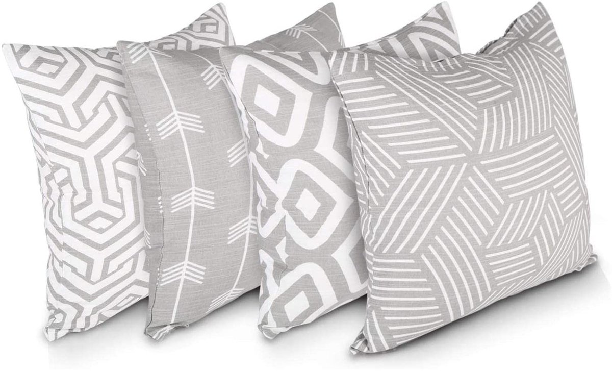 My Ninki ® Set van 4 Luxe Decoratieve Katoenen Vierkante Kussenhoezen met Onzichtbare Ritssluiting, 45 x 45 cm, Grijs/Wit Gemengd