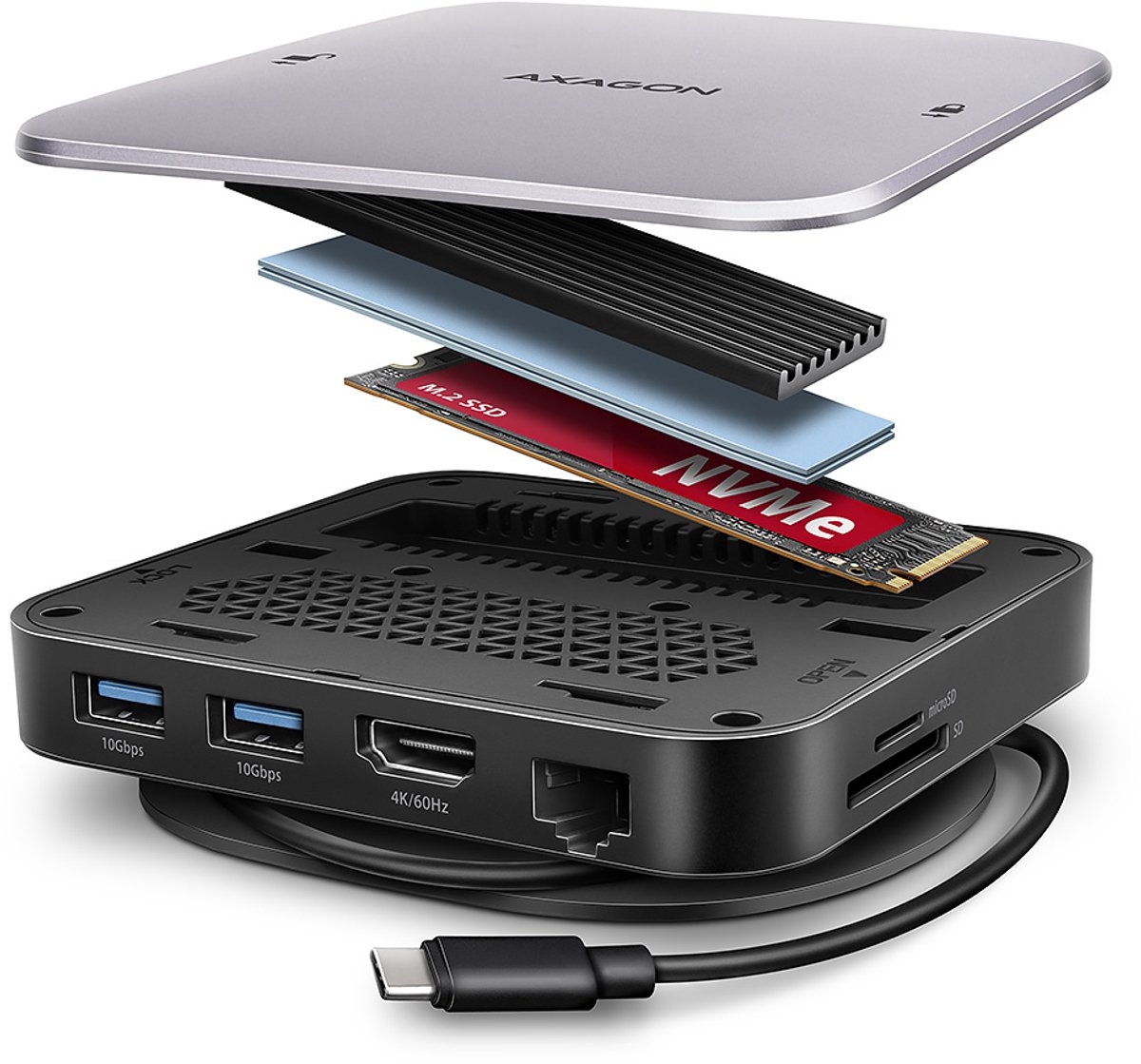 Axagon HMC-UFO USB-C Hub M.2 SATA/NVMe 1 Gbit/s Ethernet 384 kHz Audio Bedraad USB 3.2 Gen 2 (3.1 Gen 2) Type-C Zwart