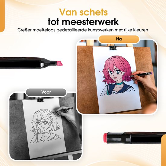 Une main dessine une fille d'anime avec un marqueur rouge. À gauche, une esquisse ; à droite, la version colorée.