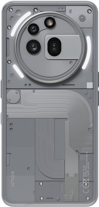 Achterkant van de grijze Nothing Phone met transparant ontwerp, dubbele camera en LED-flitsers.