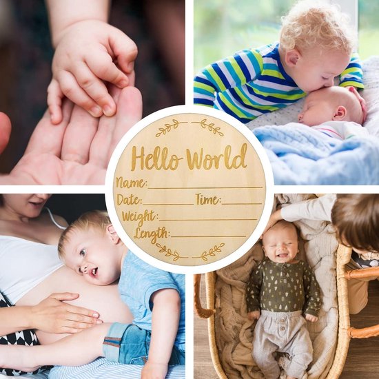 Hallo Wereld Geboorte Aankondiging Teken Hout Mijlpaal Kaart Baby Groei Recording Kaarten Geboorte Fotografie Props Kaarten Baby