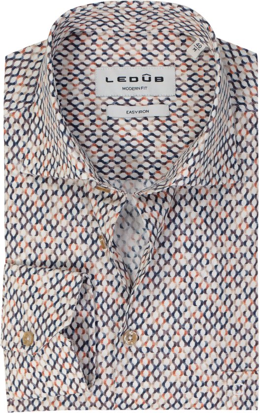 Ledub modern fit overhemd - popeline - bruin met wit en beige dessin - Strijkvriendelijk - Boordmaat: 38