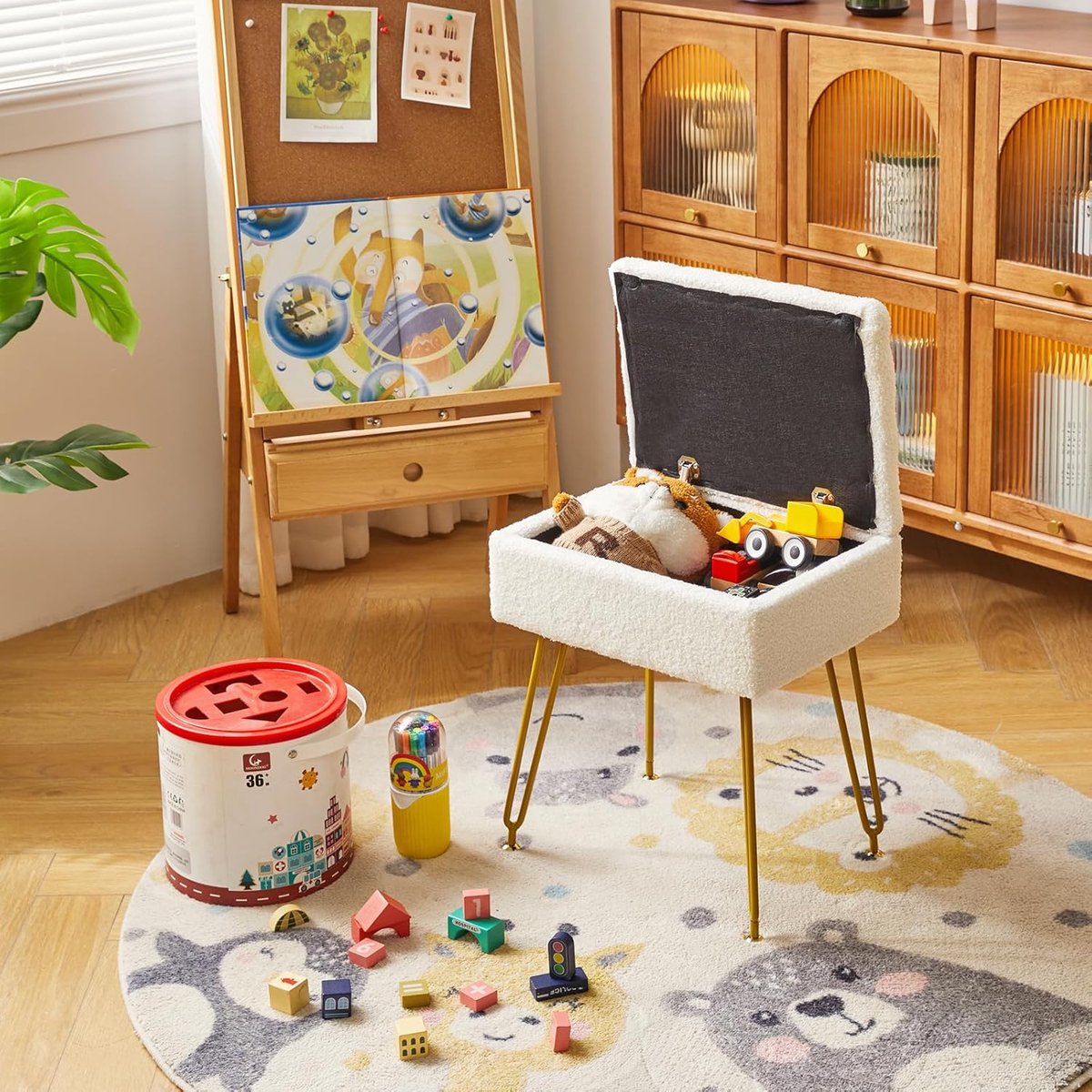 Ronde Opbergkruk Teddy Fluweel Crèmewit Stijlvol Voetenbankje