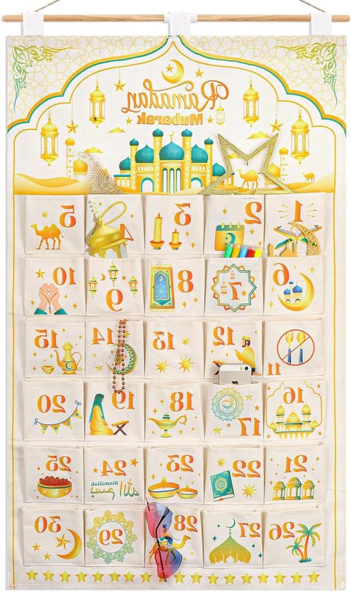 Calendrier Ramadan Bois pour Enfants, Décoration Ramadan 2024 Eid Mubarak Decoration DIY Calendrier de l'avent Ramadan Kareem Compte à Rebours de 30 Jours pour Deco Aid Moubarak (A