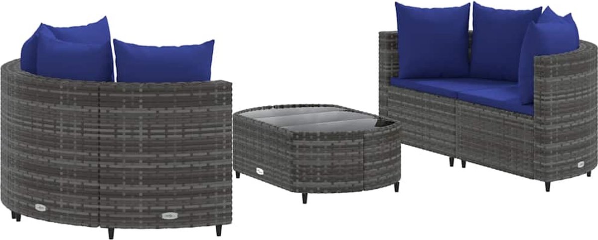The Living Store 5-delige Loungeset met kussens poly rattan grijs - Loungeset - Tuinmeubelen - Lounge Set - PE-rattan - Outdoor Furniture