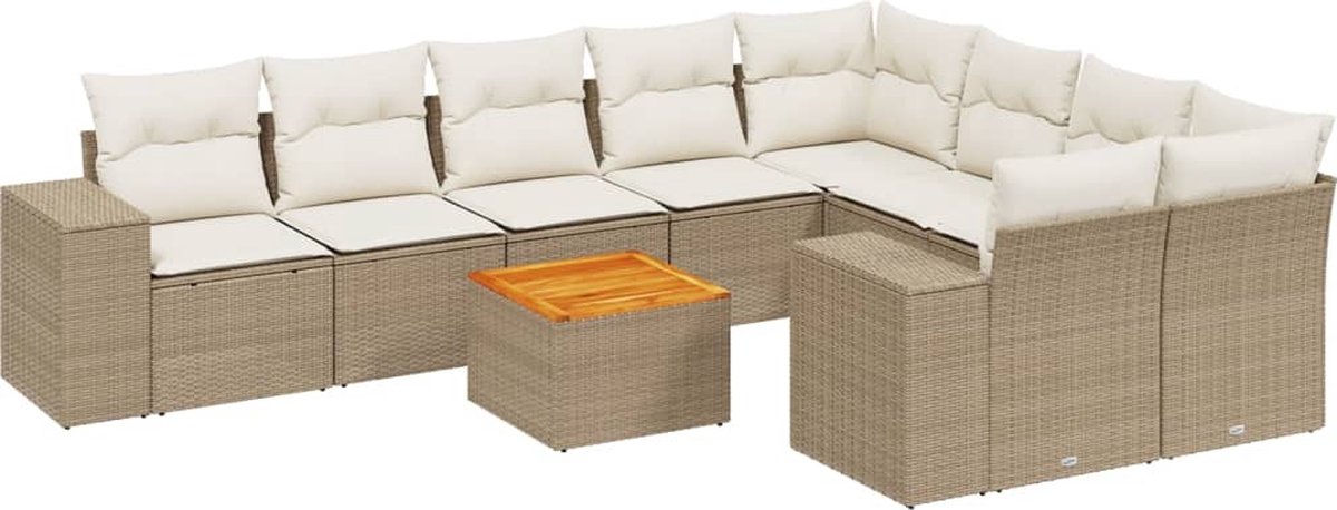 The Living Store 10-delige Loungeset met kussens poly rattan beige - Tuinlounge - Lounge Set - Buitendiner - Buitenkamer - Loungebank