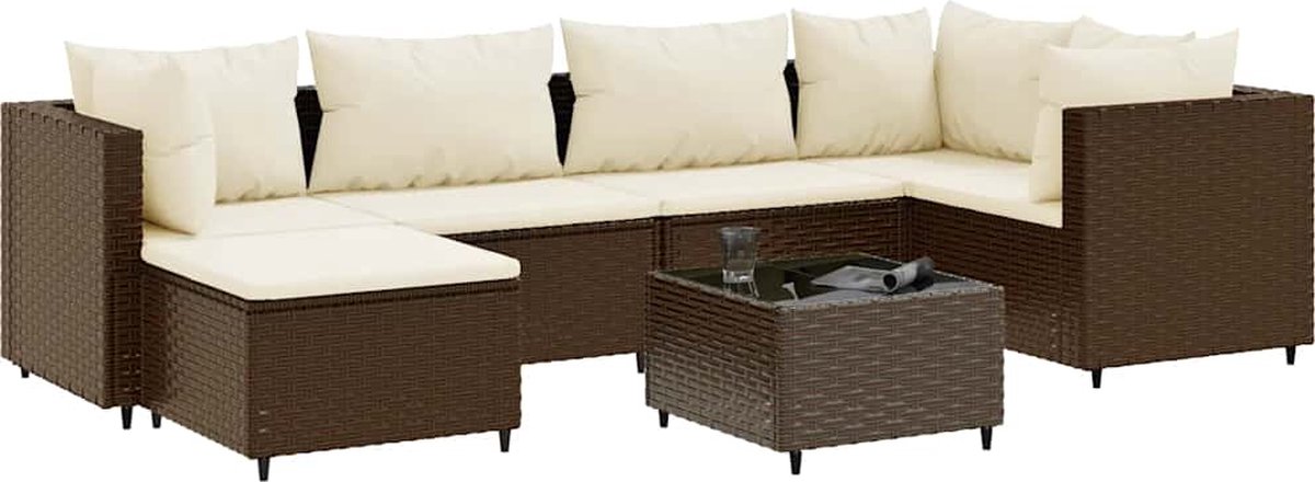 The Living Store 7-delige Loungeset met kussens poly rattan bruin - Loungebank - Lounge Set - Buitendecoratie - Tuinmeubels - Tuinlounge