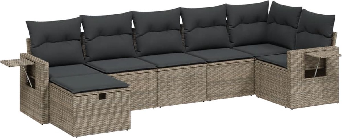 The Living Store 7-delige Loungeset met kussens poly rattan grijs - Tuinlounge